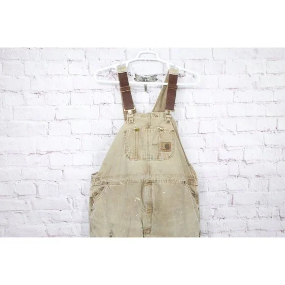 Vintage! Carhartt Bib Overalls Tan Double Knee Insulated Distressed 46x30